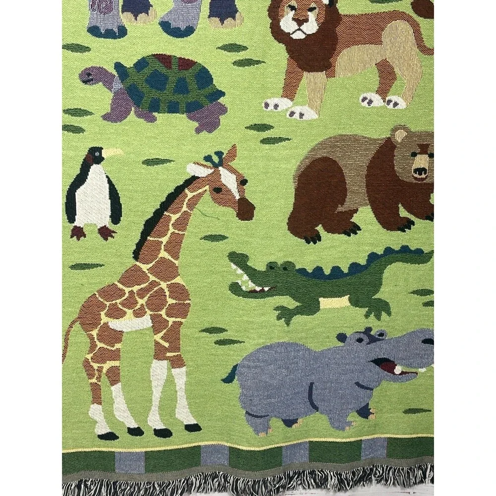 Woven Nursery Baby Blanket Throw Wall Tapestry Zoo Jungle Animals Safari Green